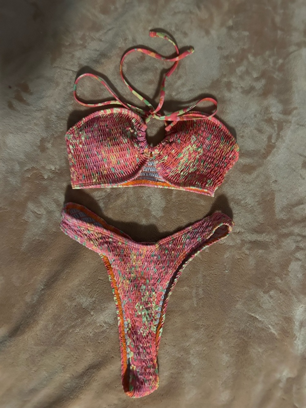 SHEIN Pink Multicolor Smocked Bikini Set